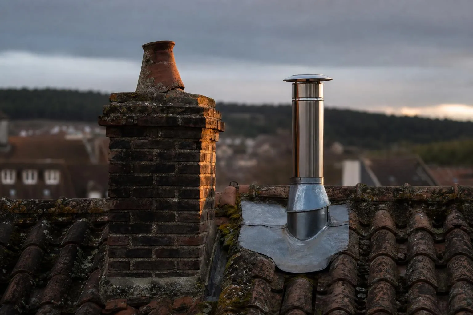 Deux souches de cheminée voisines sur des toitures de tuiles, l’une en briques ancienne, l’autre coiffée d’un conduit inox, au crépuscule
