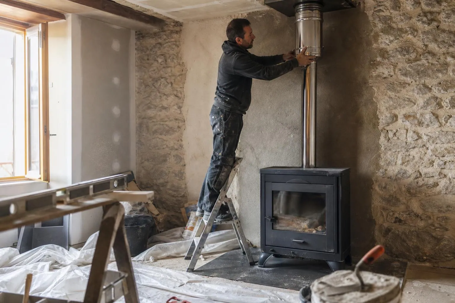 Un installateur ajuste un conduit isolé en inox au dessus d’un poêle à bois neuf dans un séjour en cours de rénovation
