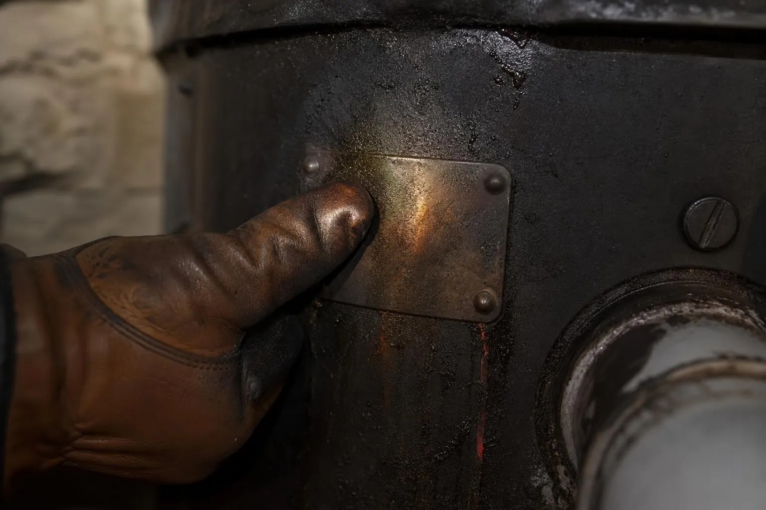 Main gantée essuyant la suie sur la plaque signalétique rivetée d’un appareil de chauffage, dans une chaufferie sombre