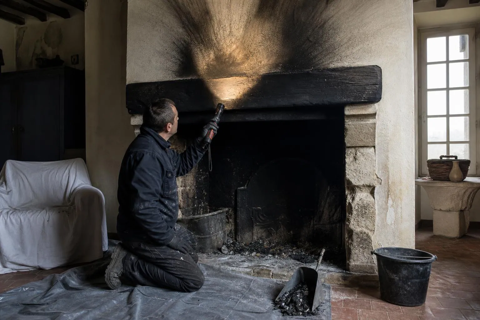 Un ramoneur accroupi éclaire à la lampe l’âtre noirci d’une cheminée après un feu, dans un séjour protégé par une bâche
