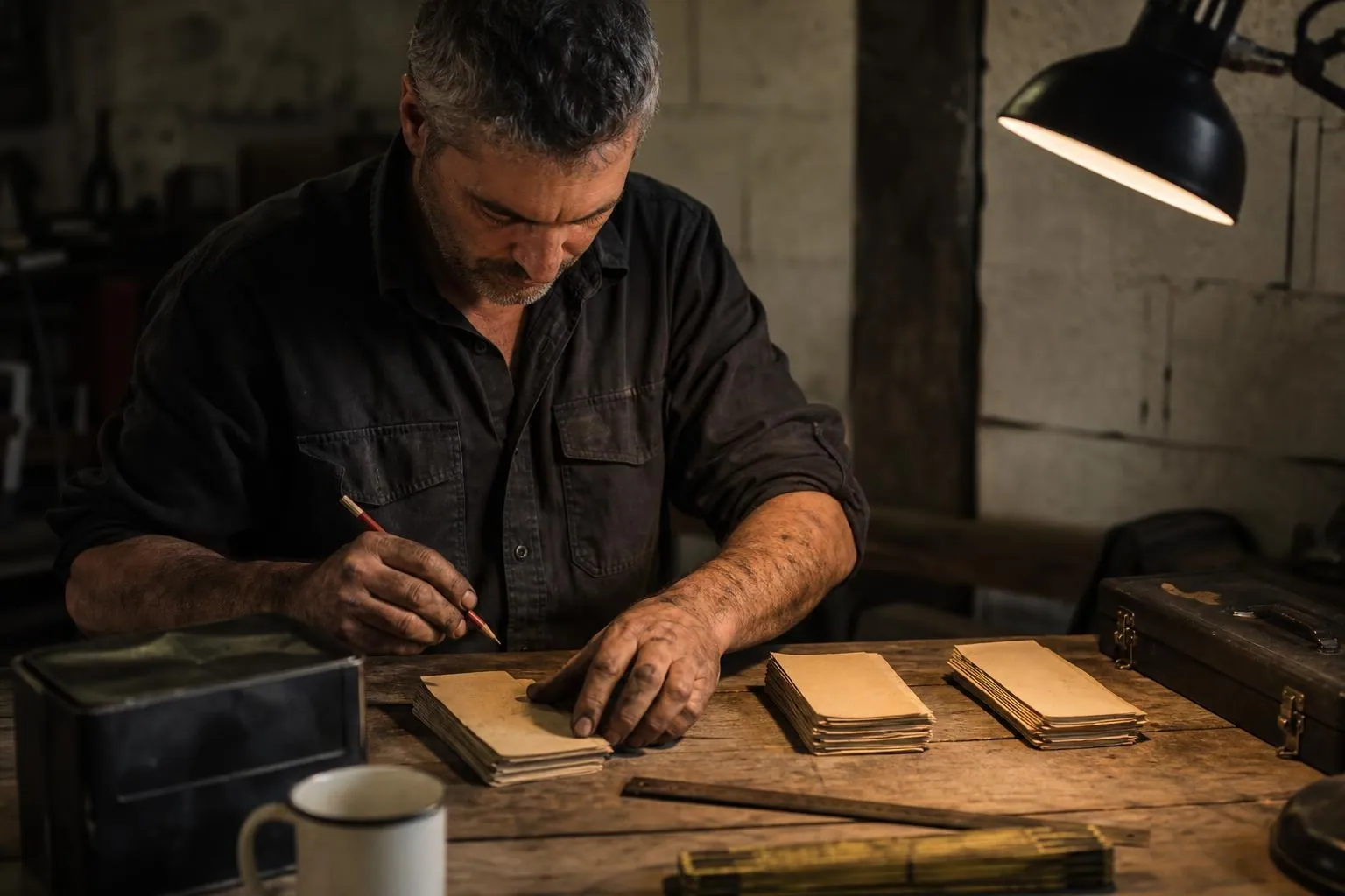 Un ramoneur classe des fiches cartonnées par commune sur la table de bois de son atelier, éclairé par une lampe basse