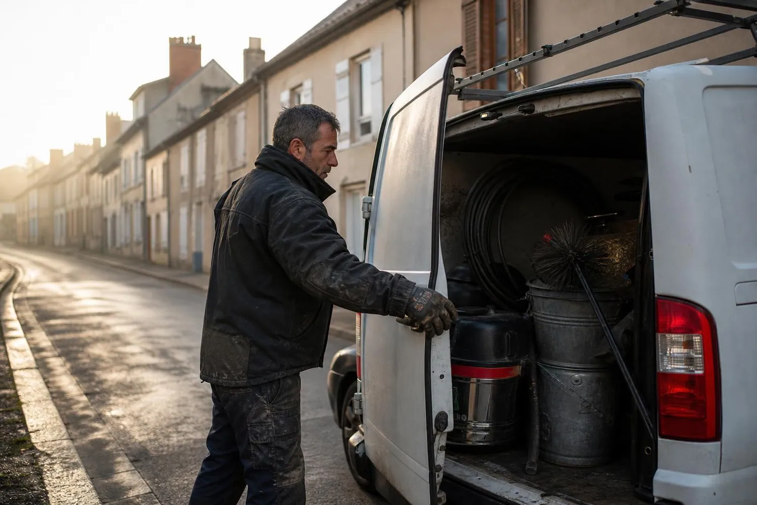 Ramoneur en tenue de travail noire refermant la porte arrière de sa camionnette dans une rue de bourg au petit matin d’automne