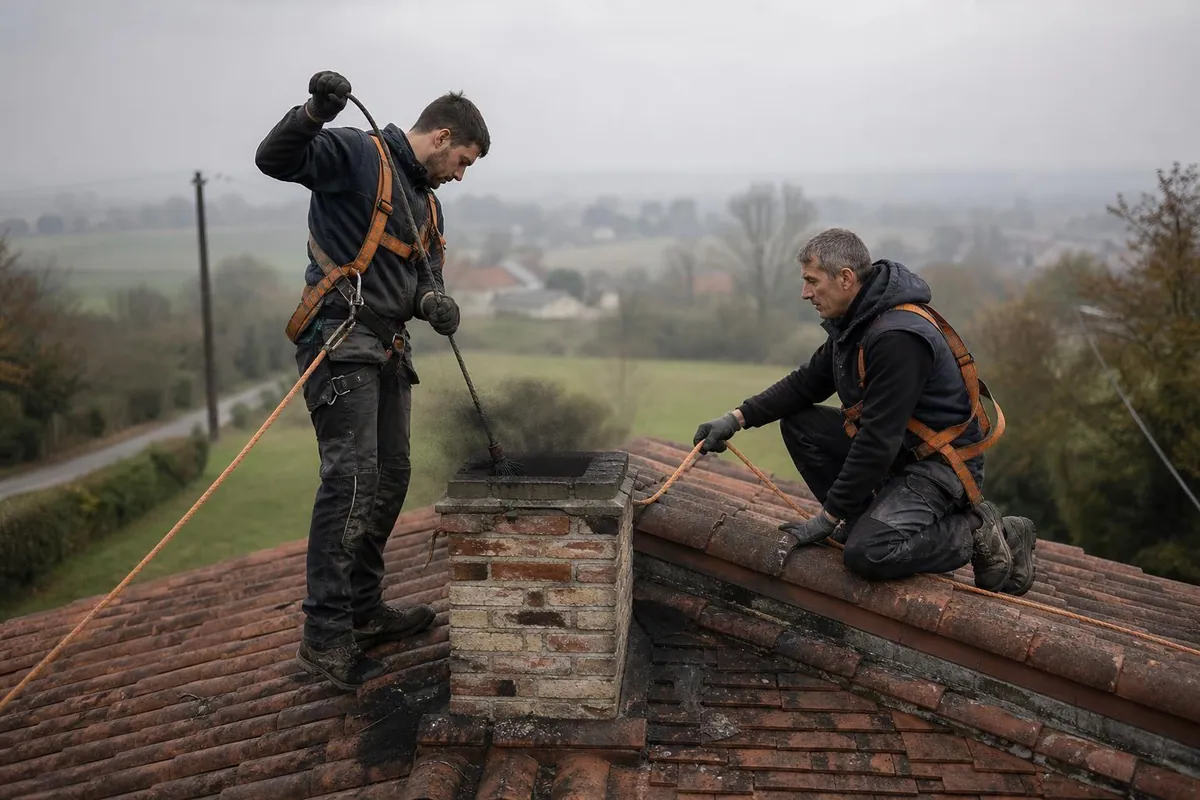 Deux ramoneurs sur une toiture de tuiles, l’un engageant un hérisson dans une souche de cheminée en briques, l’autre assurant la ligne de vie